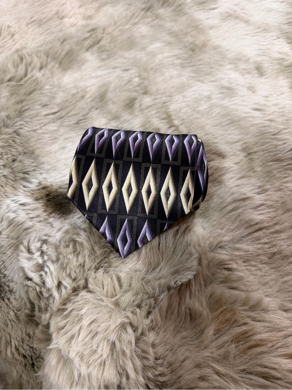 Vintage Alexander Julian Men’s Black Tie with Purple and Cream Diamond Pattern